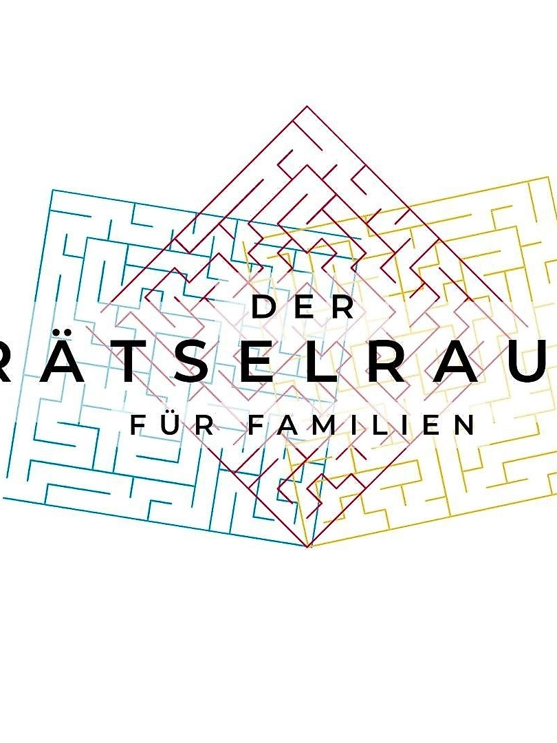 Ein stilisiertes Logo mit einem geometrischen Design und bunten Mustern. Text: „Der Rätselraum für Familien“.